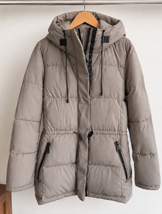 Dkny Jackets & Blazers - DKNY Taupe Hooded Puffer Jacket Coat Medium | Adjustable Waist Winter Parka